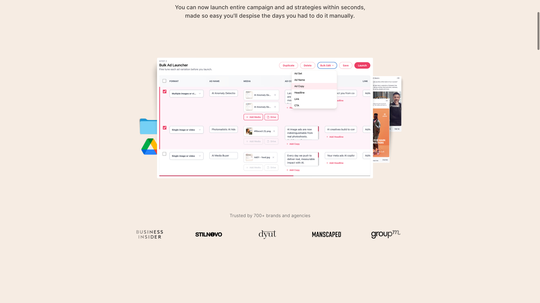 Adamigo's bulk ad launcher, a spreadsheet-style table with format, ad name, media, copy and link columns