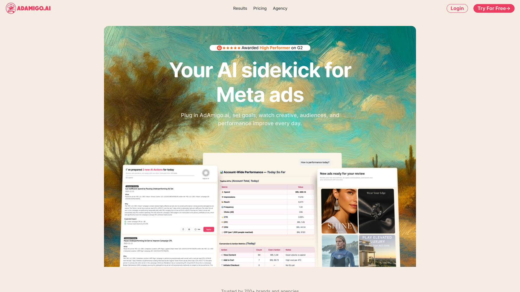 Adamigo's homepage, an AI sidekick for Meta ads with account-wide performance and ready-to-review actions