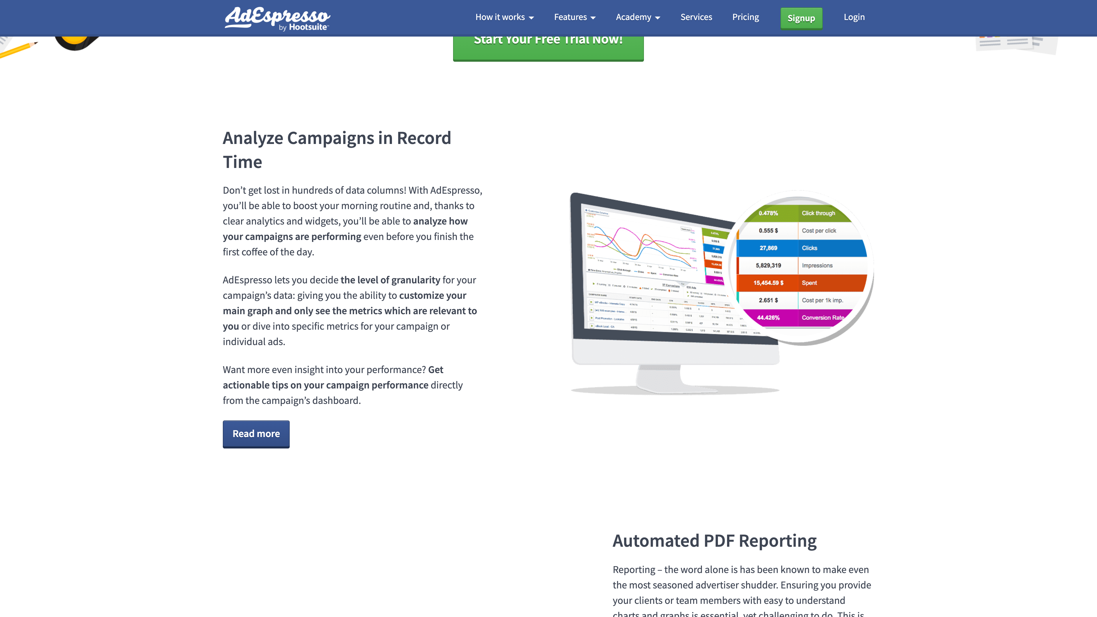 AdEspresso's Analyze reporting dashboard with performance graphs and a metrics inspector covering CTR, CPC, clicks, impressions, spend and conversion rate