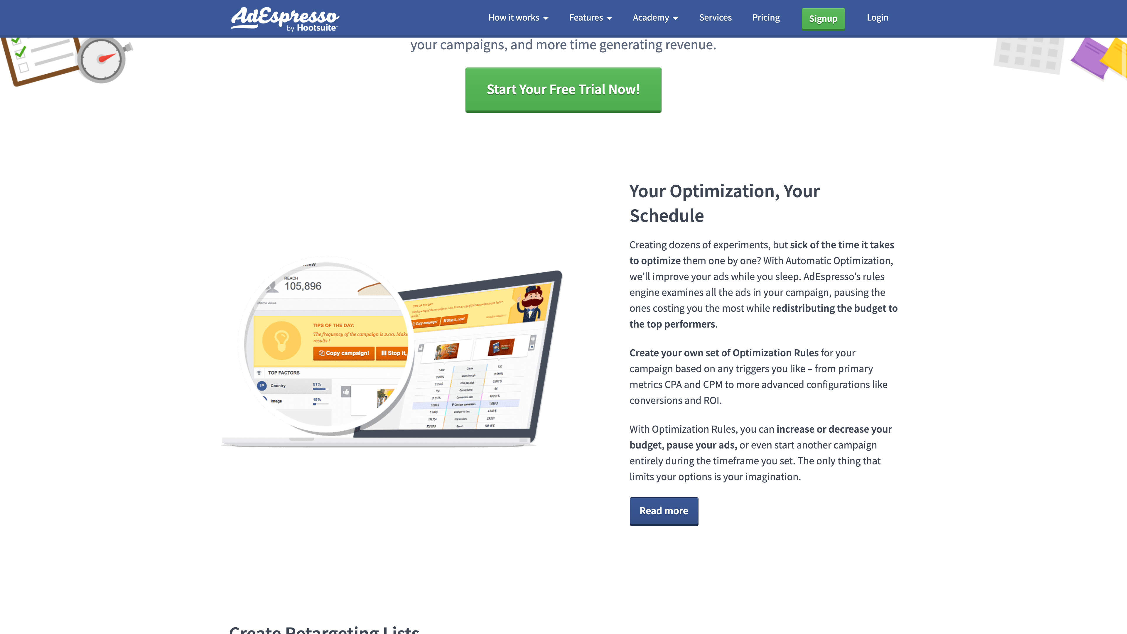 AdEspresso's management dashboard with automatic optimization, performance tips and a campaign metrics table covering CPA, CPM and ROI