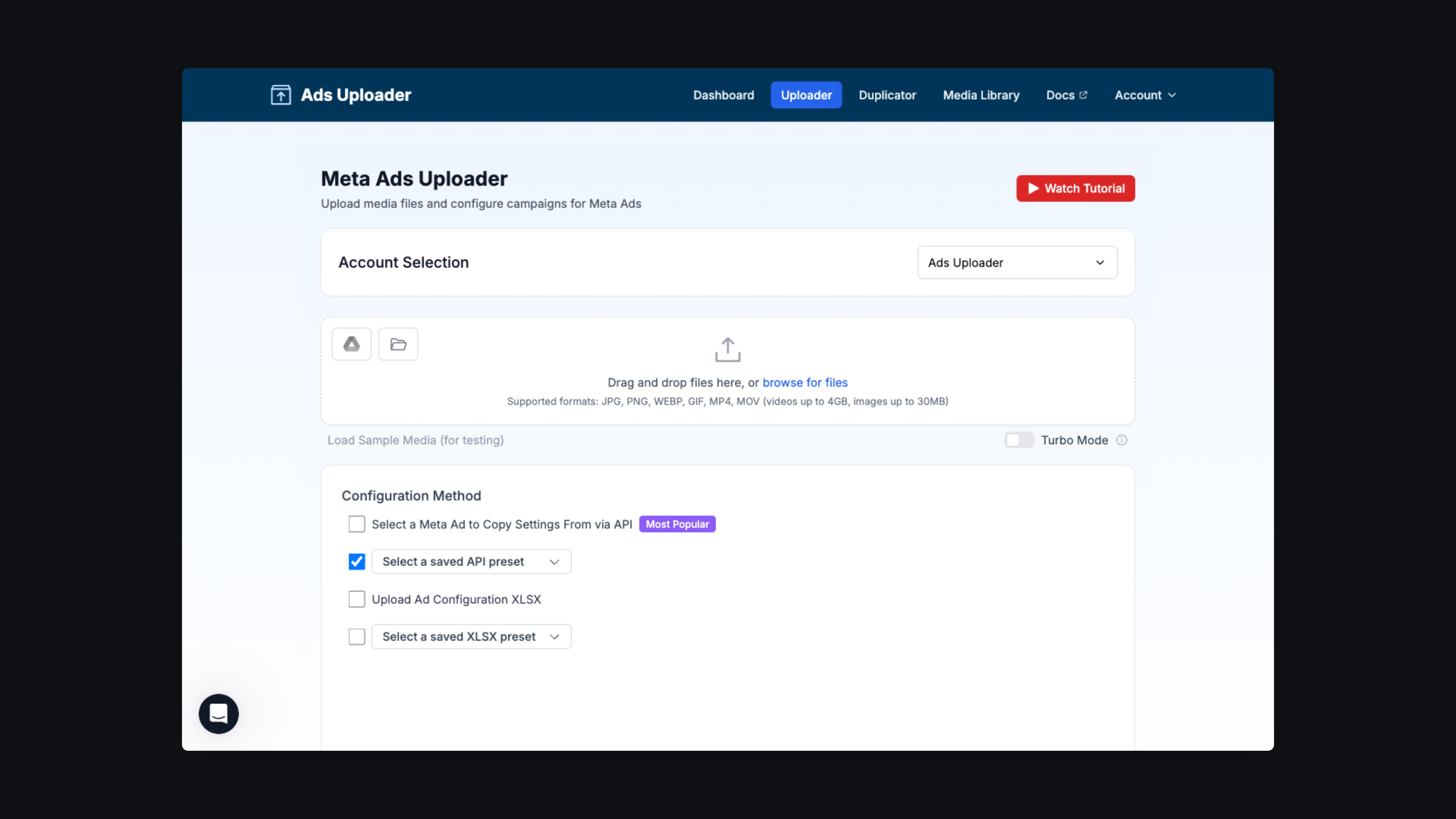 Ads Uploader's Uploader Panel with account selection, a drag-and-drop media zone, Turbo Mode, and Copy-via-API and XLSX configuration methods