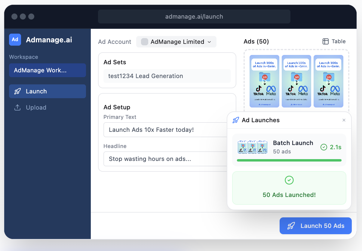 The AdManage launcher building a batch of ads across Meta and TikTok at once