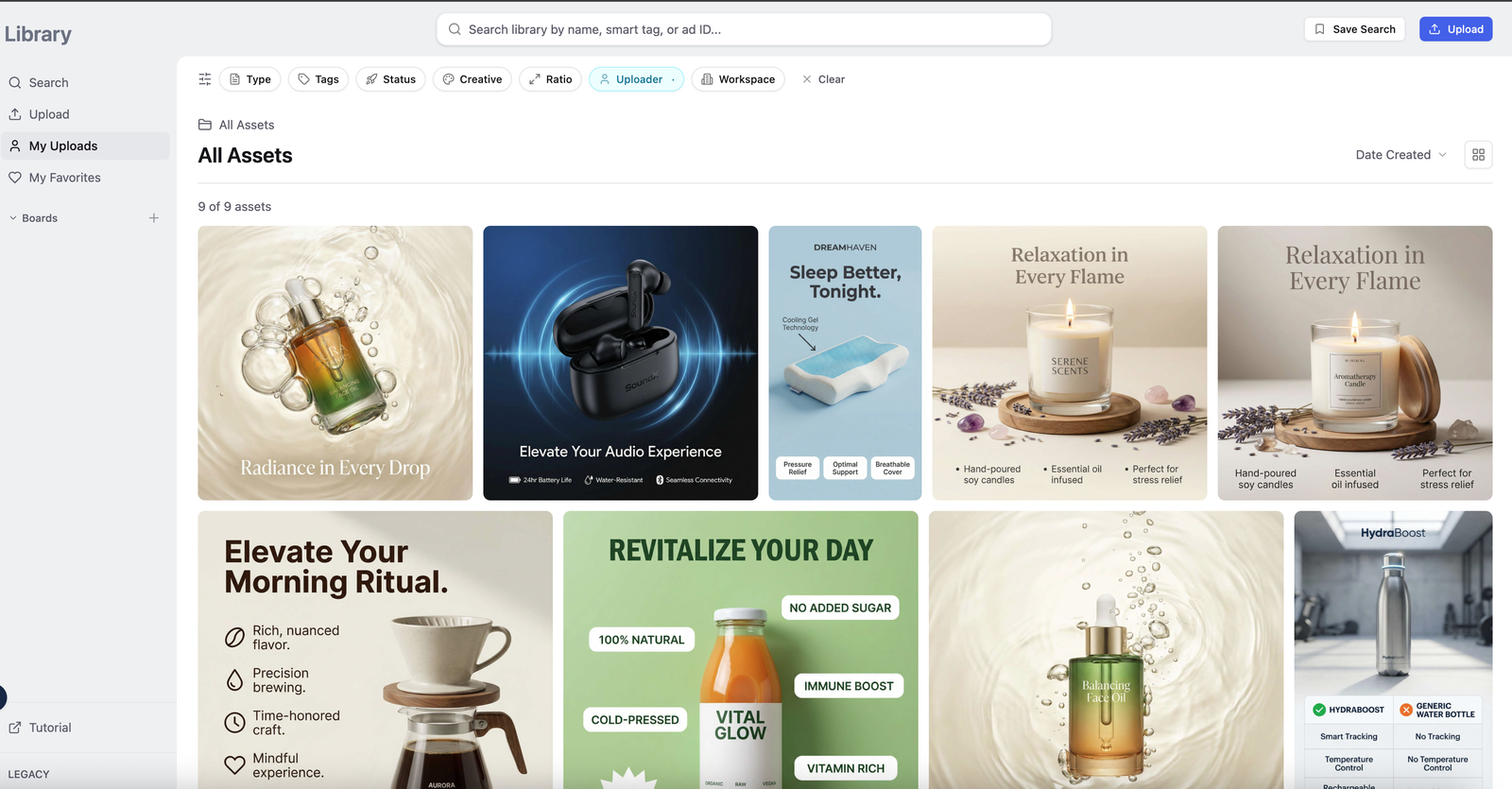 AdManage building Meta ads with carousels, catalog, lead-gen and post-ID alongside the creative library