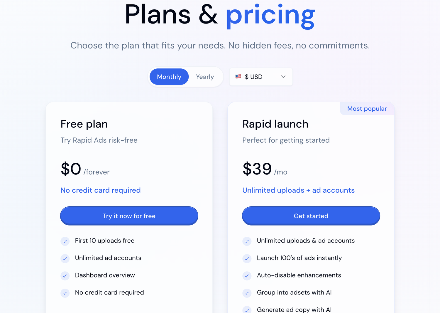 Rapid Ads pricing: a free plan at zero dollars with the first 10 uploads free, and a Rapid launch plan at thirty-nine dollars a month with unlimited uploads and ad accounts
