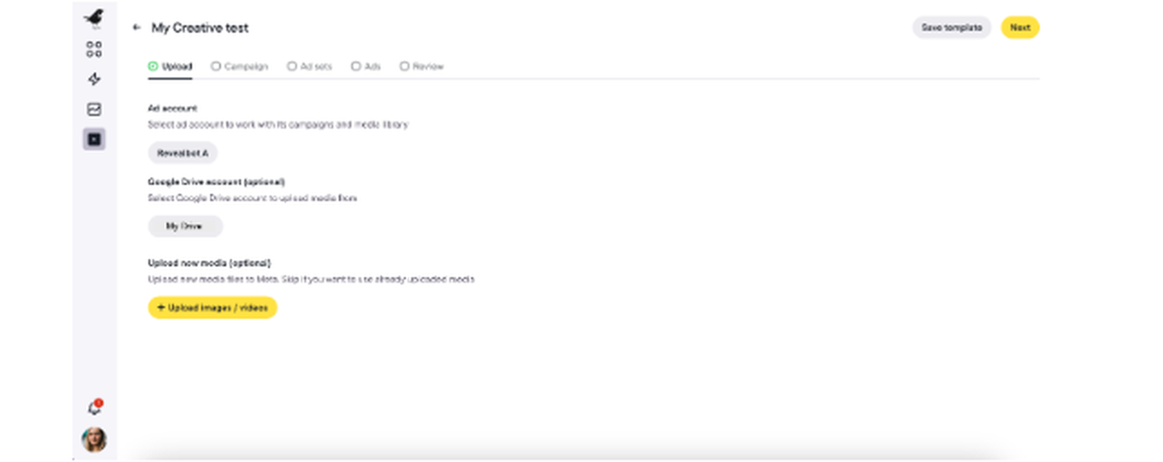 Bïrch Launcher upload step with the Upload, Campaign, Ad sets, Ads and Review tabs