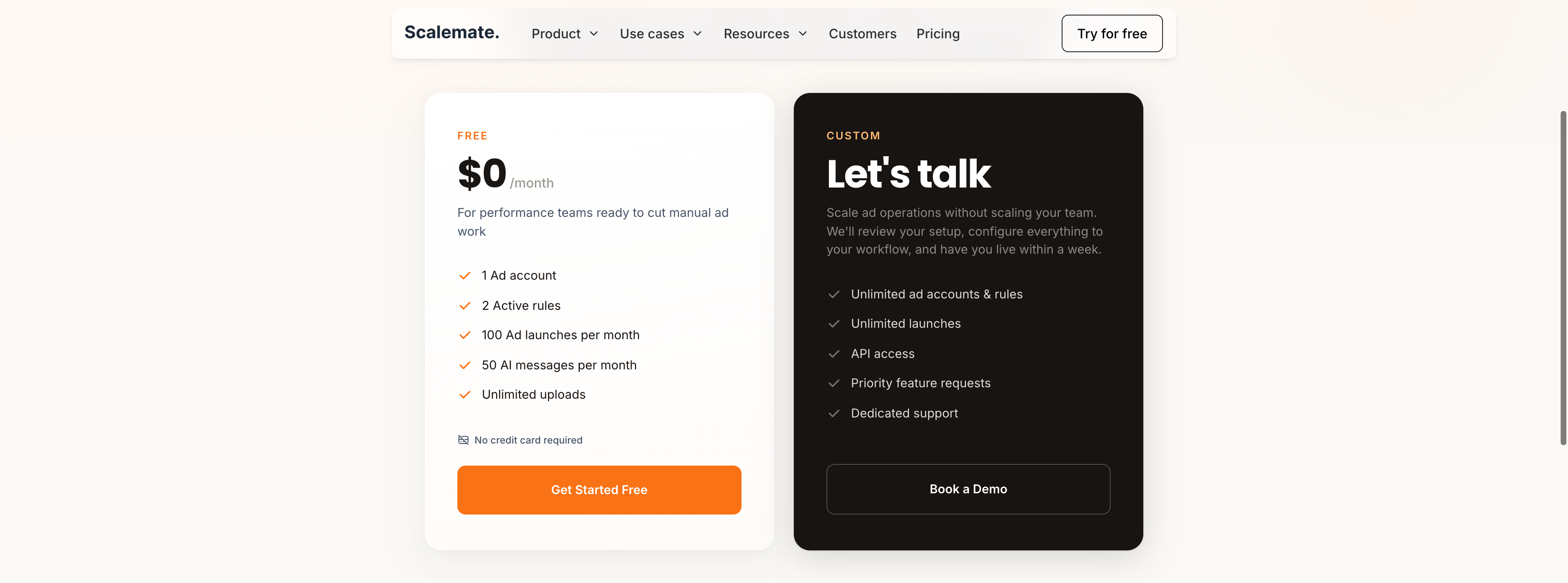 Scalemate's pricing: a Free $0/month plan with 1 ad account, 2 rules, 100 launches a month and 50 AI messages, next to a custom Let's talk plan with no published price