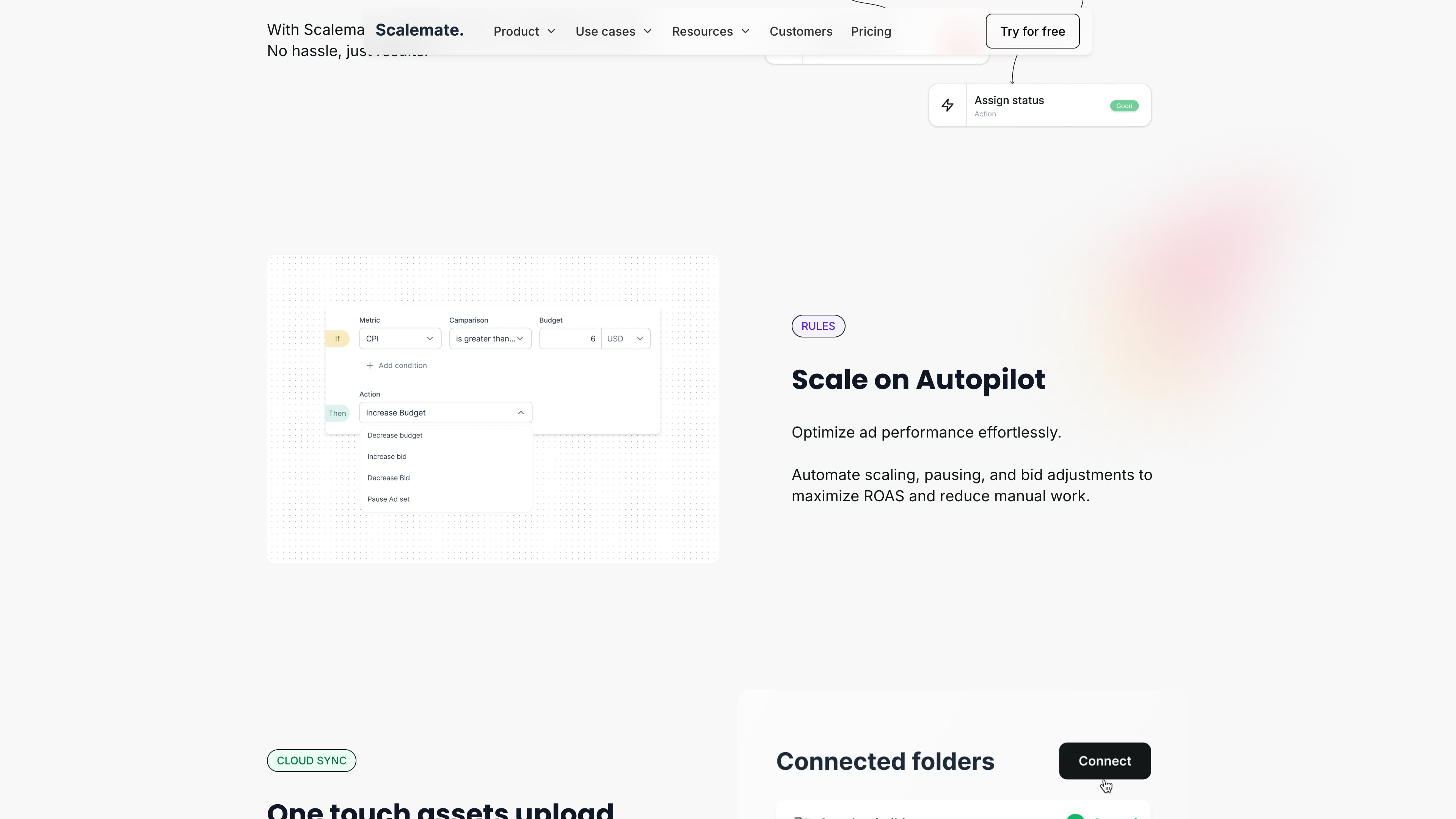 Scalemate's rule builder: IF a metric crosses a threshold, THEN increase a budget, pause an ad set or adjust a bid, running 24/7