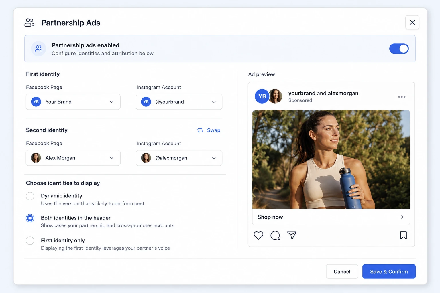 Partnership Ads settings with brand and creator identities, both identities selected, and a creator ad preview.