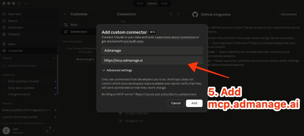 Claude.ai Add custom connector dialog with Name Admanage and URL https://mcp.admanage.ai